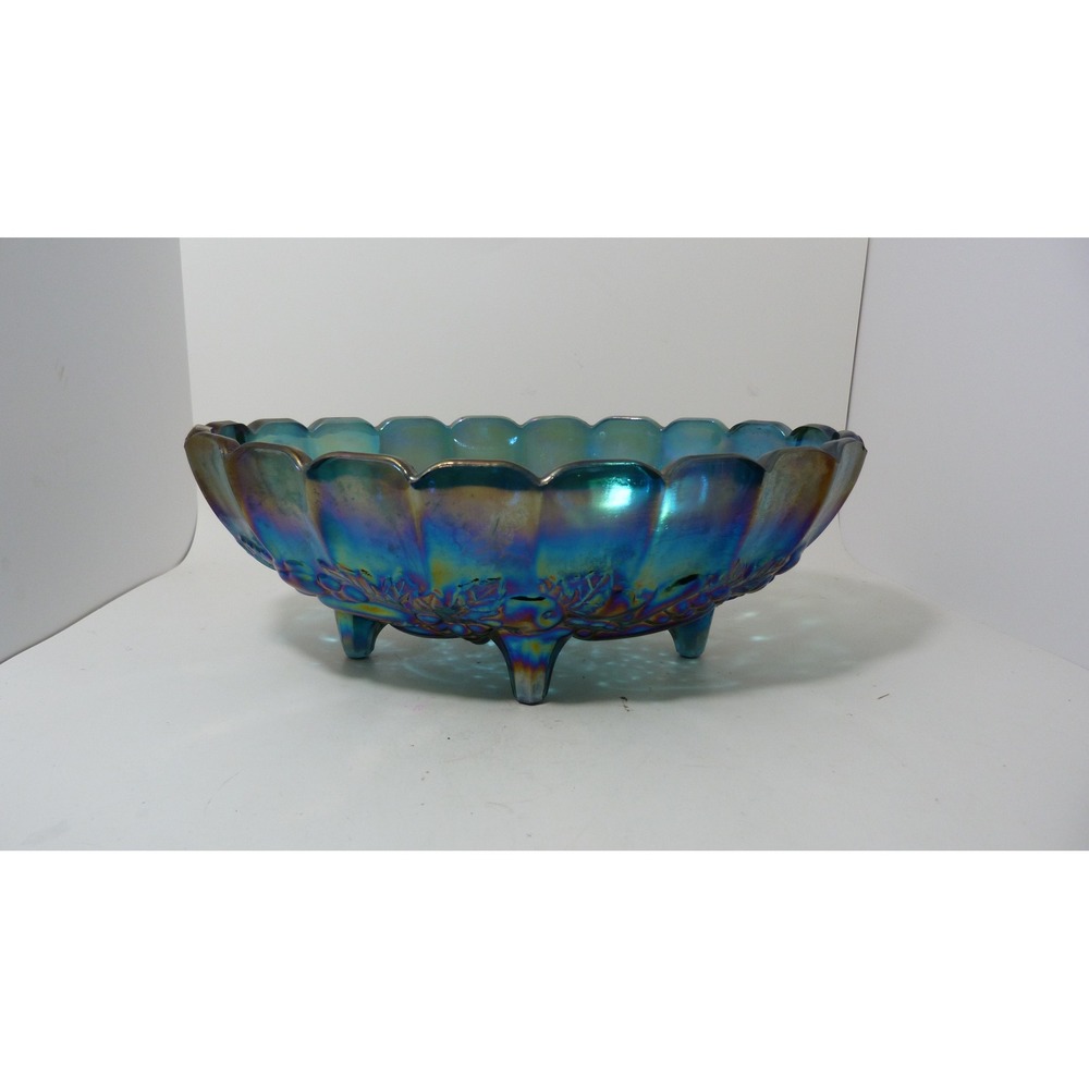 Vintage Indiana Blue Carnival Glass Grape and Cable Footed Bowl 12 Inch